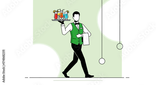 Waiter carrying a tray of cocktails in a vector illustration drink serving concept