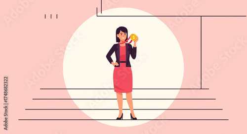 Victorious Businesswoman Celebrating Achievement and Triumph with a Shining Medal