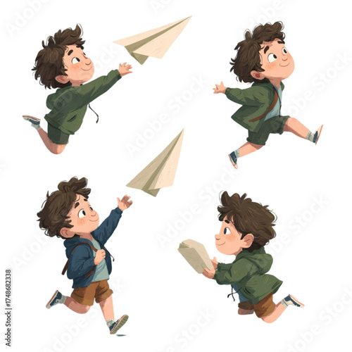 Dynamic poses of a cute cartoon boy launching a paper airplane.