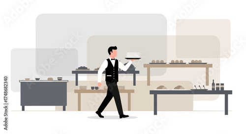 Waiter Carrying Cake in a Restaurant's Buffet Area, Flat Illustration Style