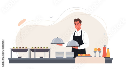 Waiter Carrying Dishes Ready For Service, Event Feast, Food Serving Concept Illustration
