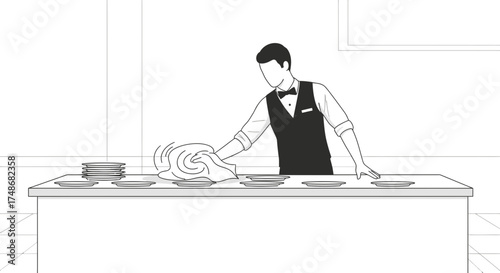 Waiter cleaning plates on a table in a restaurant during work in monochrome minimalist style
