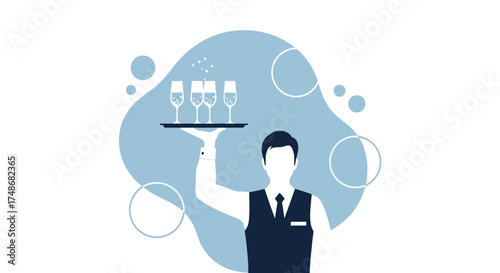 Waiter Delivering Champagne Glasses on Tray with Abstract Blue Background in Illustration Style