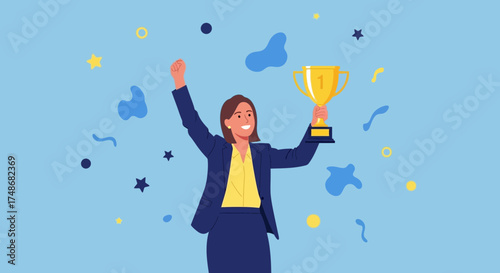 Victorious Businesswoman Holding Trophy, Celebrating Success With Festive Confetti, Vector