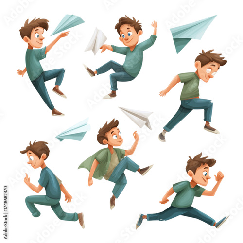 Playful young boy character set throwing and running with paper planes.