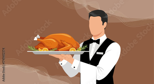 Waiter Delivering Roasted Chicken on a Decorative Plate, Suitable for Dinners