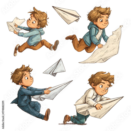 Set of illustrations of a young boy playing with paper airplanes.
