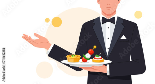 Waiter holding food on a serving tray, elegant catering service vector illustration