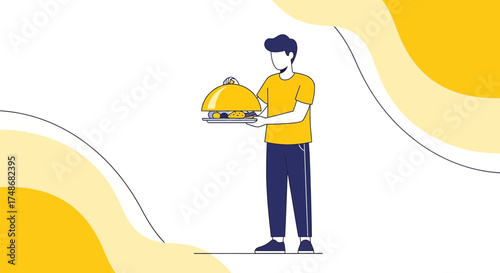 Waiter holding food tray with a cloche on it inside a restaurant or diner setting