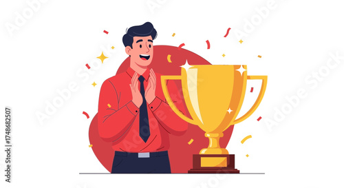Victorious Individual Applauding Next To Golden Trophy Celebrates Milestone Achievement Victory