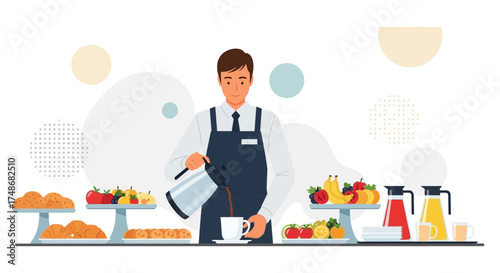 Waiter pouring coffee in a cup, a breakfast illustration concept with fruit, food and drinks