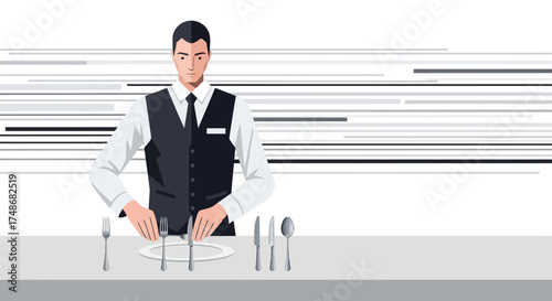 Waiter Prepares Table Setting, Elegant Dining with Cutlery Arrangement, and Culinary Service