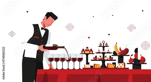 Waiter pouring wine into glasses at a buffet table with desserts and fruits service