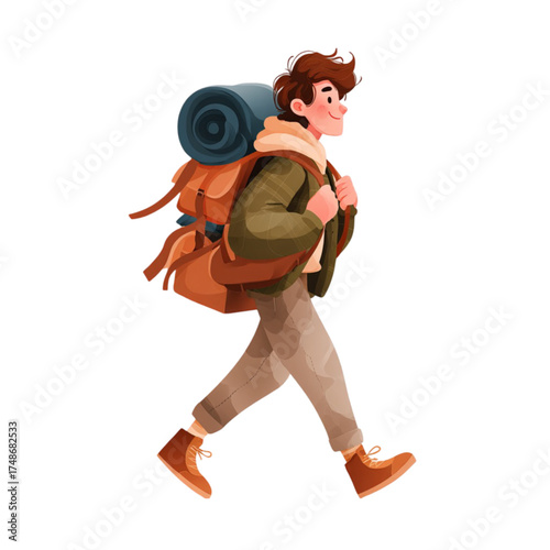 Cartoon hiker character walking with a large backpack and sleeping bag.