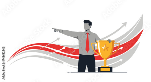 Victorious Leader Holding Trophy And Directing Towards Future Goals And Growth