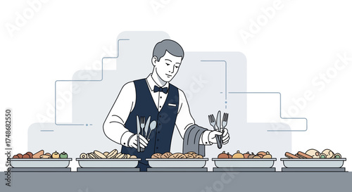 Waiter Preparing Buffet Table With Culinary Delights For Dining Experience Service