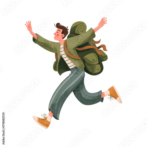 Joyful young traveler running with a large backpack illustration.