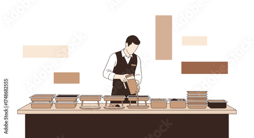 Waiter preparing food at a buffet table cartoon illustration in neutral tones