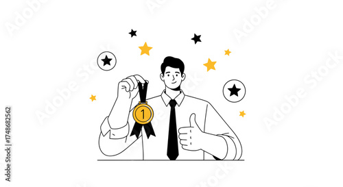 Victorious Office Worker Showing Achievement And Success With Gold Medal, And Stars