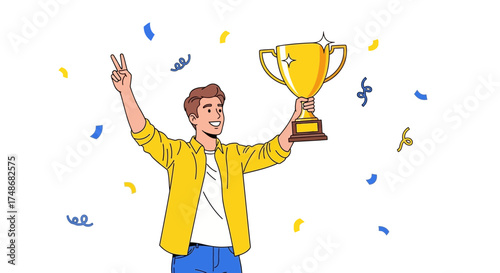 Victorious Man Celebrating Achievement Holding Trophy With Joy and Positive Emotions