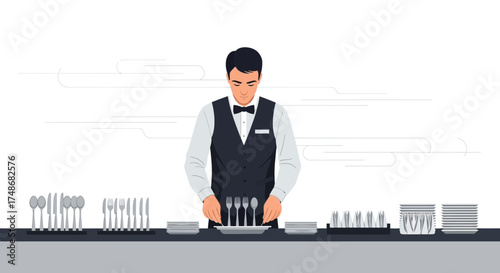 Waiter preparing tables with silverware and plates for dining service or restaurant