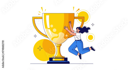 Victorious Woman Celebrating Achievement, Triumph, And Success, Embracing Oversized Trophy