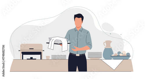 Waiter Presenting Table Accessories and Food at a Buffet Service, Ready to Serve Guests