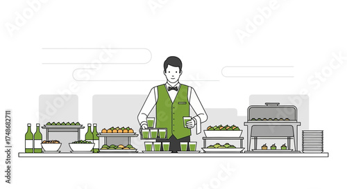 Waiter serving buffet at an event offering drinks and food in vector illustration style