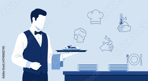 Waiter Serving Delicious Dish Highlighting Restaurant Hygiene and Food Service Protocols