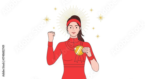 Victorious Woman Holding a Golden Medal Celebrating the Victory Success, and Winning