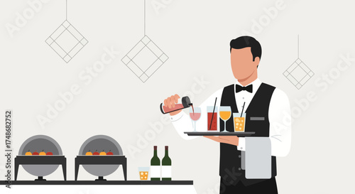 Waiter serving drinks at a buffet event with beverages on a tray in an illustration