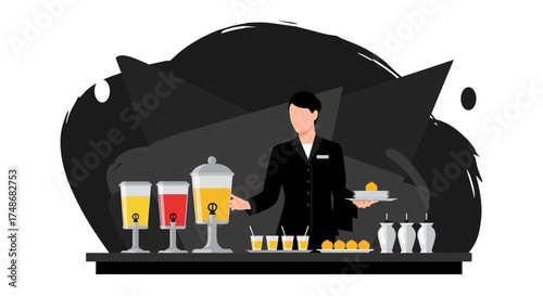 Waiter serving drinks and snacks at a buffet or event concept illustration