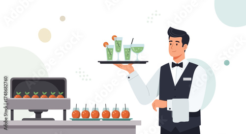 Waiter Serving Drinks And Food Illustration perfect for Restaurant, Bar, Cafe, and Hotel