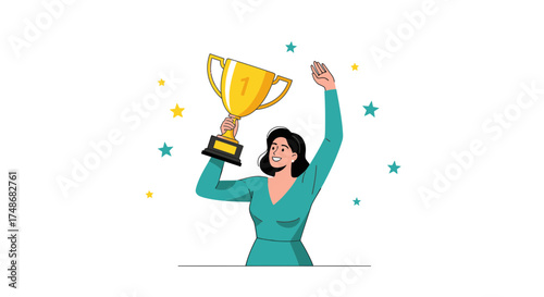 Victorious Woman Holding Trophy Celebrating Success and Achievement Against White Background