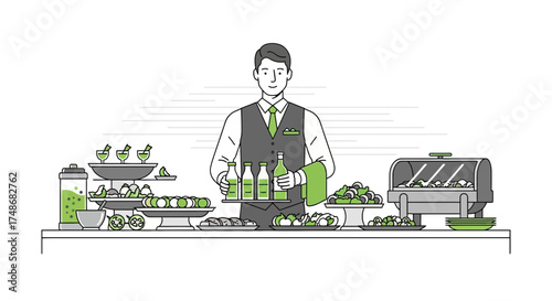 Waiter serving food and drinks at a buffet table to celebrate with friends