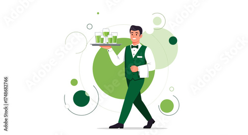 Waiter serving drinks on a tray, green theme, vector illustration, ready to serve customers