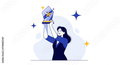 Victorious Woman Holding Trophy, Celebrating Success, Achievement, And Accolades