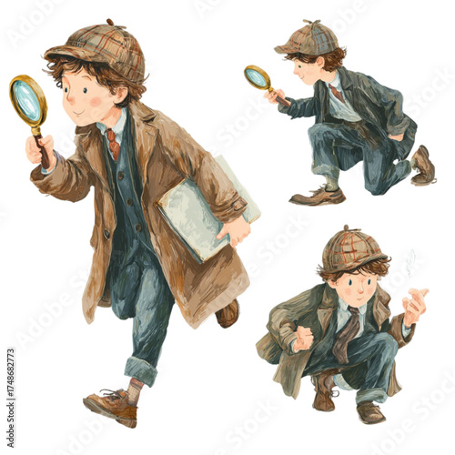 Set of three watercolor illustrations of a young boy detective character.