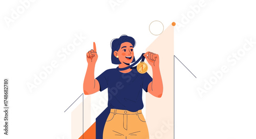 Victorious Woman Receives Gold Medal After Hard Work, Celebrating Victory, Achieving Success