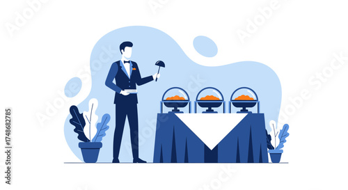 Waiter Serving Food at a Buffet Table with Illustrations and Minimalist Design Elements