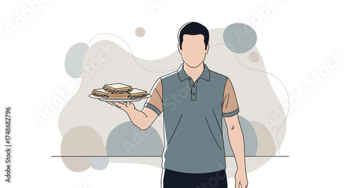 Waiter Serving Sandwiches On A Plate In Modern Graphic Illustration Style