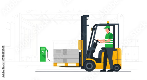 Warehouse worker operating a forklift by charging station with boxes on a pallet in background