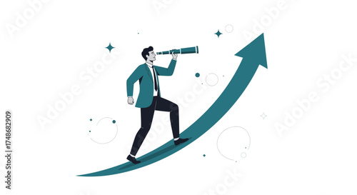 Visionary Businessman Gazing Into the Future, Ascending on a Growth Trajectory