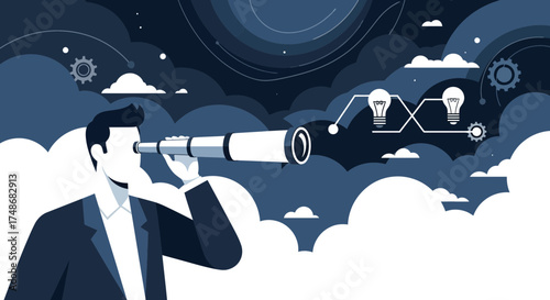 Visionary Businessman Using Telescope to Observe the Future and Strategic Planning