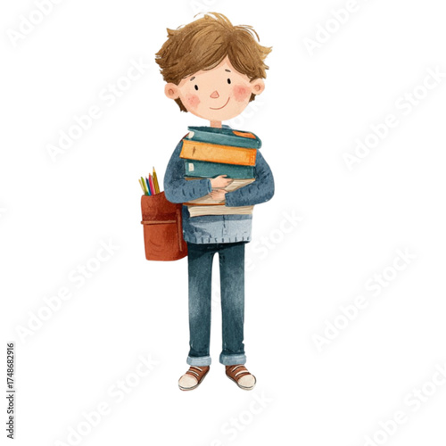 Watercolor illustration of a cute schoolboy holding a stack of books.