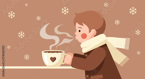 Warm Winter Beverage: A Cozy Scene Of a Child Enjoying a Hot Drink During the Snowfall
