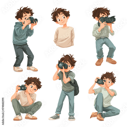 Set of cartoon illustrations of a young male photographer.