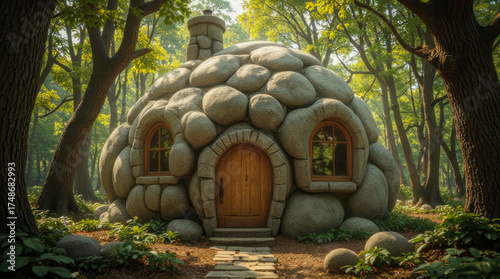 Cozy Stone Hobbit House Hidden in a Sunlit Forest with Pebble Exterior and Wooden Door