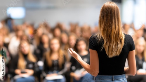 Camera Facing Class: College Professor Gives a Lecture to a Classroom Full of Multi Ethnic Students. Talented Speaker Captures Audience Attention.