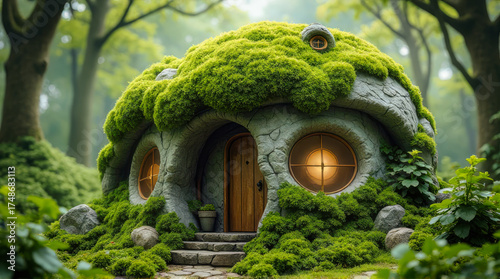 Moss-Covered Forest Cottage With Wooden Door And Warm Windows In Enchanted Woods
